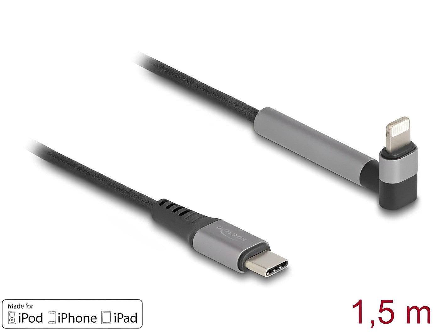 Delock Data and Charging Cable USB Type-C™ to Lightning™ for iPhone™, iPad™, iPod™ angled with stand function black 1.5 m MFi - delock.israel