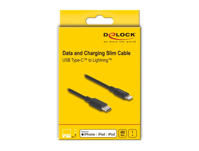 Delock Slim Data and Charging Cable USB Type-C™ to Lightning™ for iPhone™, iPad™, iPod™ black 1 m MFi - delock.israel