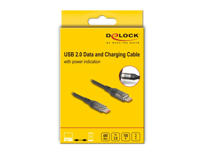 Delock USB 2.0 Data and Fast Charging Cable USB Type-C™ male to male PD 3.0 100 W with power indication transparent 2 m - delock.israel