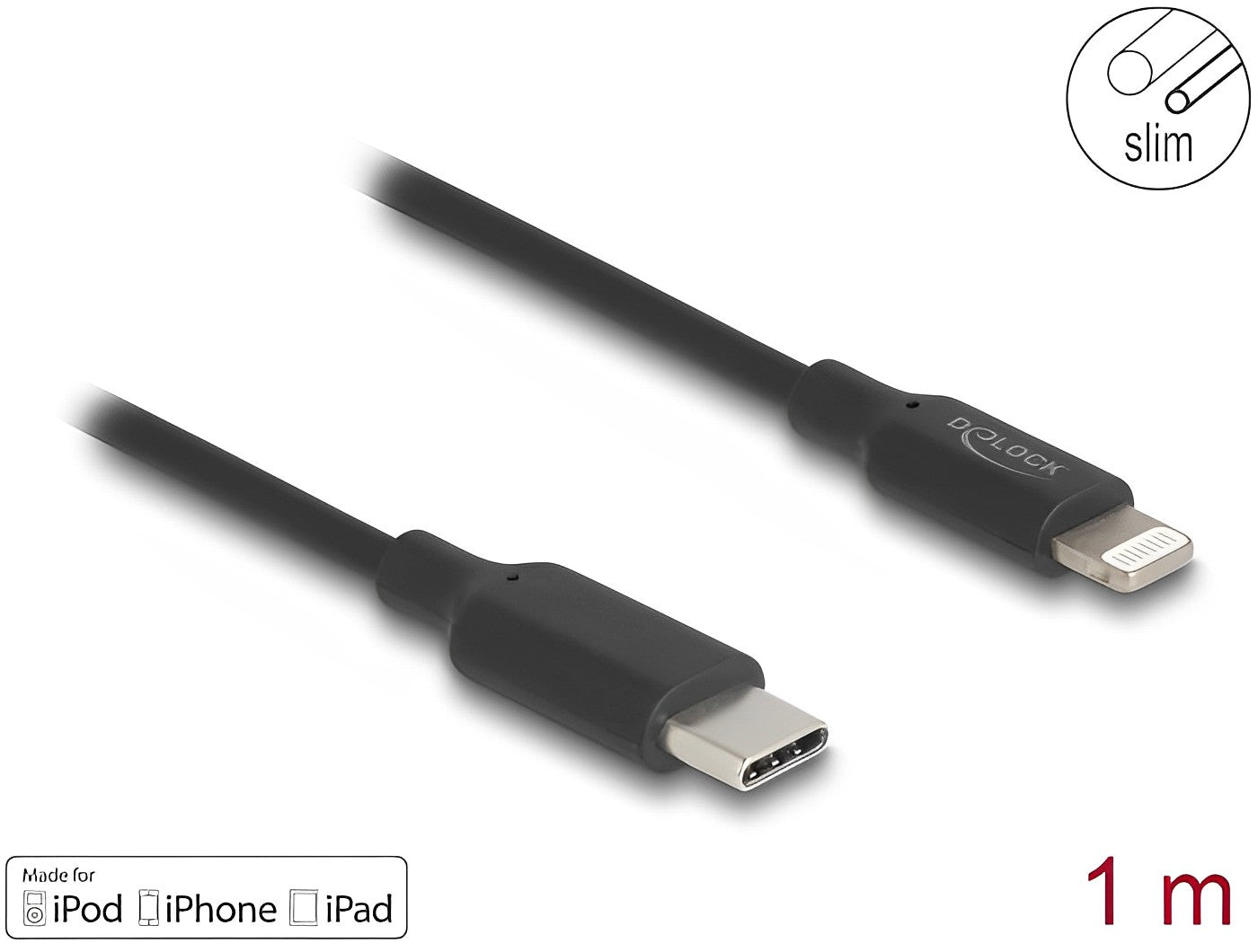 Delock Slim Data and Charging Cable USB Type-C™ to Lightning™ for iPhone™, iPad™, iPod™ black 1 m MFi - delock.israel