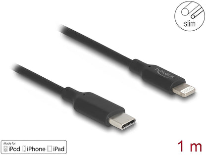 Delock Slim Data and Charging Cable USB Type-C™ to Lightning™ for iPhone™, iPad™, iPod™ black 1 m MFi - delock.israel