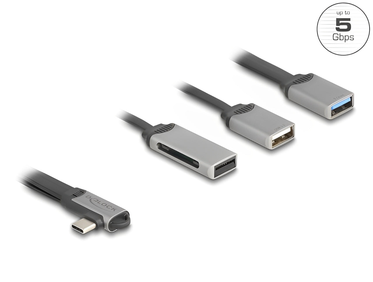 רכזת USB-C 5Gbps האיכותית מבית Delock גרמניה מאפשרת הרחבת חיבורי ה-USB של המחשב או הטאבלט ומגיעה עם 2 יציאות USB לחיבור התקנים חיצוניים. בנוסף היא כוללת קורא כרטיסים מובנה התומך בכרטיסי SD ו-Micro SD, מה שהופך אותה לפתרון נוח לשימוש יומיומי