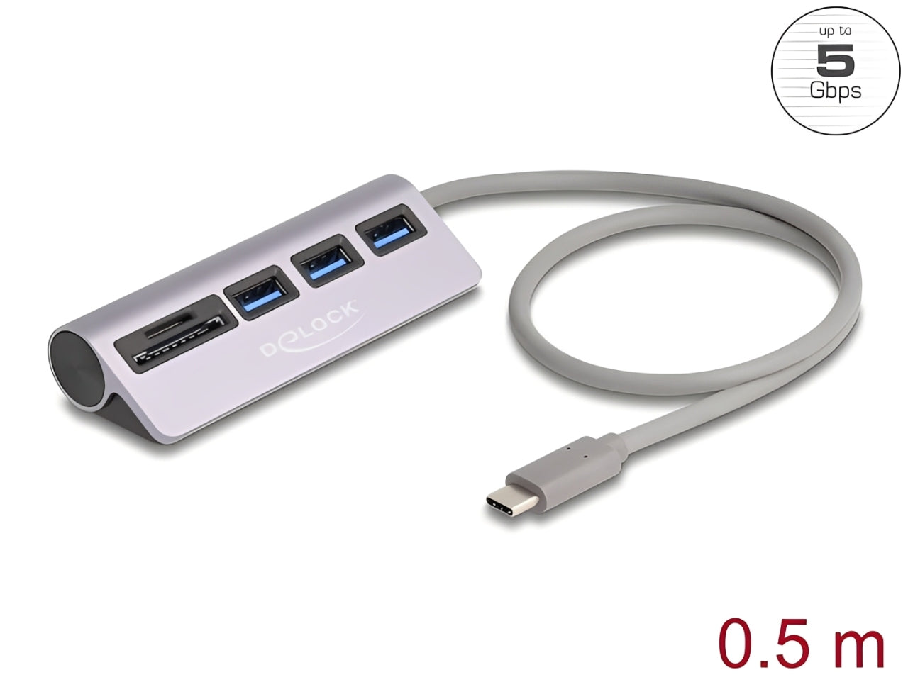 רכזת USB 5Gbps האיכותית מבית Delock גרמניה מגיעה עם מארז מתכת עמיד ומתחברת למחשב דרך חיבור USB USB-C