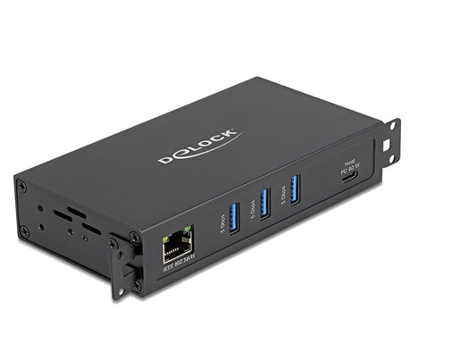 רכזת USB 5Gbps מוצקה מבית Delock גרמניה בעלת מארז מתכת, ניתנת לחיבור למחשב, למחשב נייד או להתקן נייד דרך ממשק USB-C