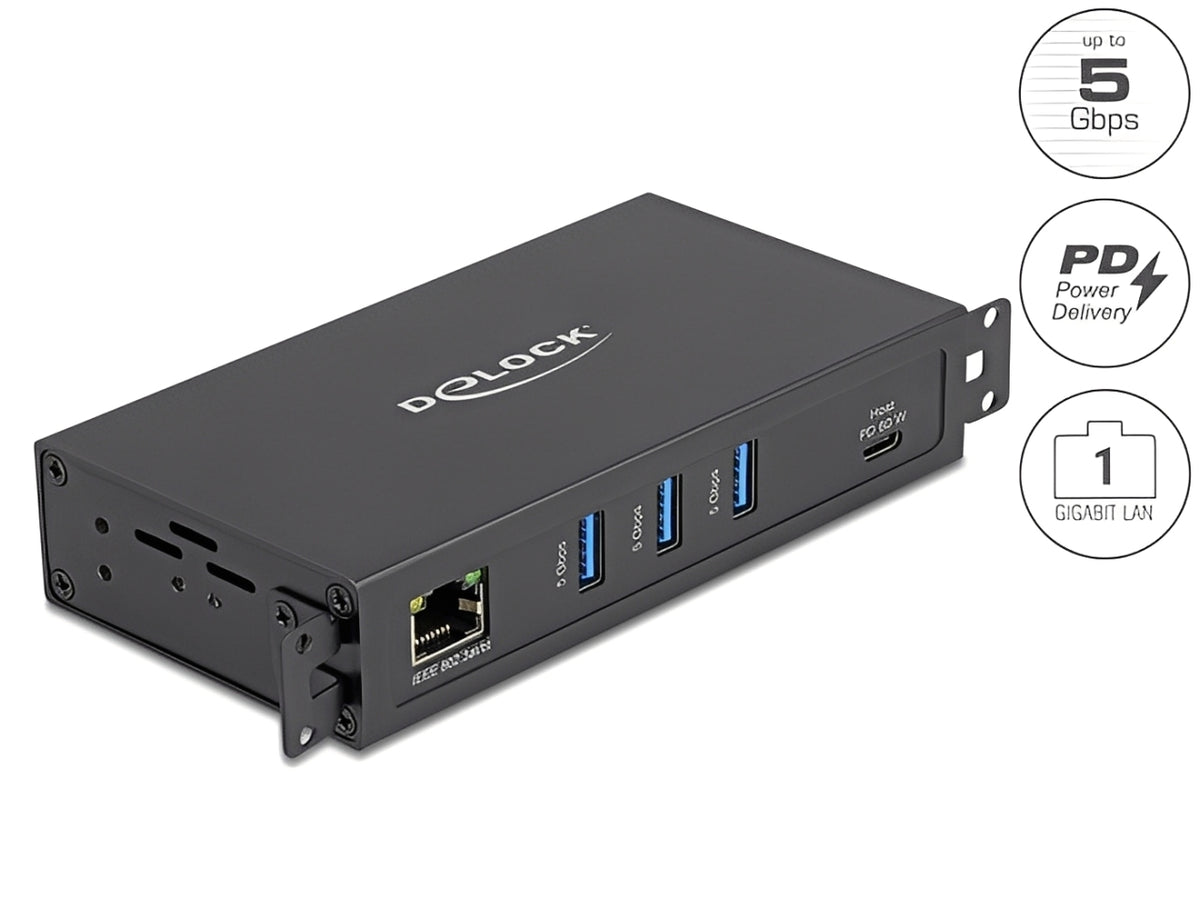 מפצל Delock USB 5Gbps עם 3 יציאות USB-A ושקע רשת +RJ45 Gigabit LAN PoE