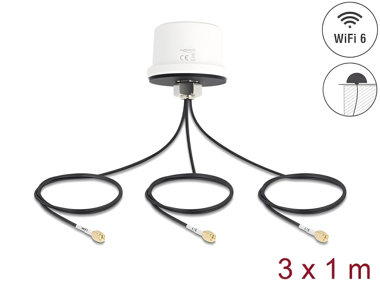 אנטנה חיצונית כלל כיוונית Delock 4G MIMO Dual Band WiFi 6 | להתקנה על הגג IP67 | כולל 3 כבלים באורך 1 מטר עם 2 מחברים RP-SMA זכר ומחבר SMA זכר