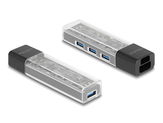 רכזת USB 5Gbps עם מארז שקוף מבית Delock גרמניה ניתנת לחיבור למחשב, מחשב נייד או מכשיר נייד באמצעות חיבור USB Type-A או USB-C