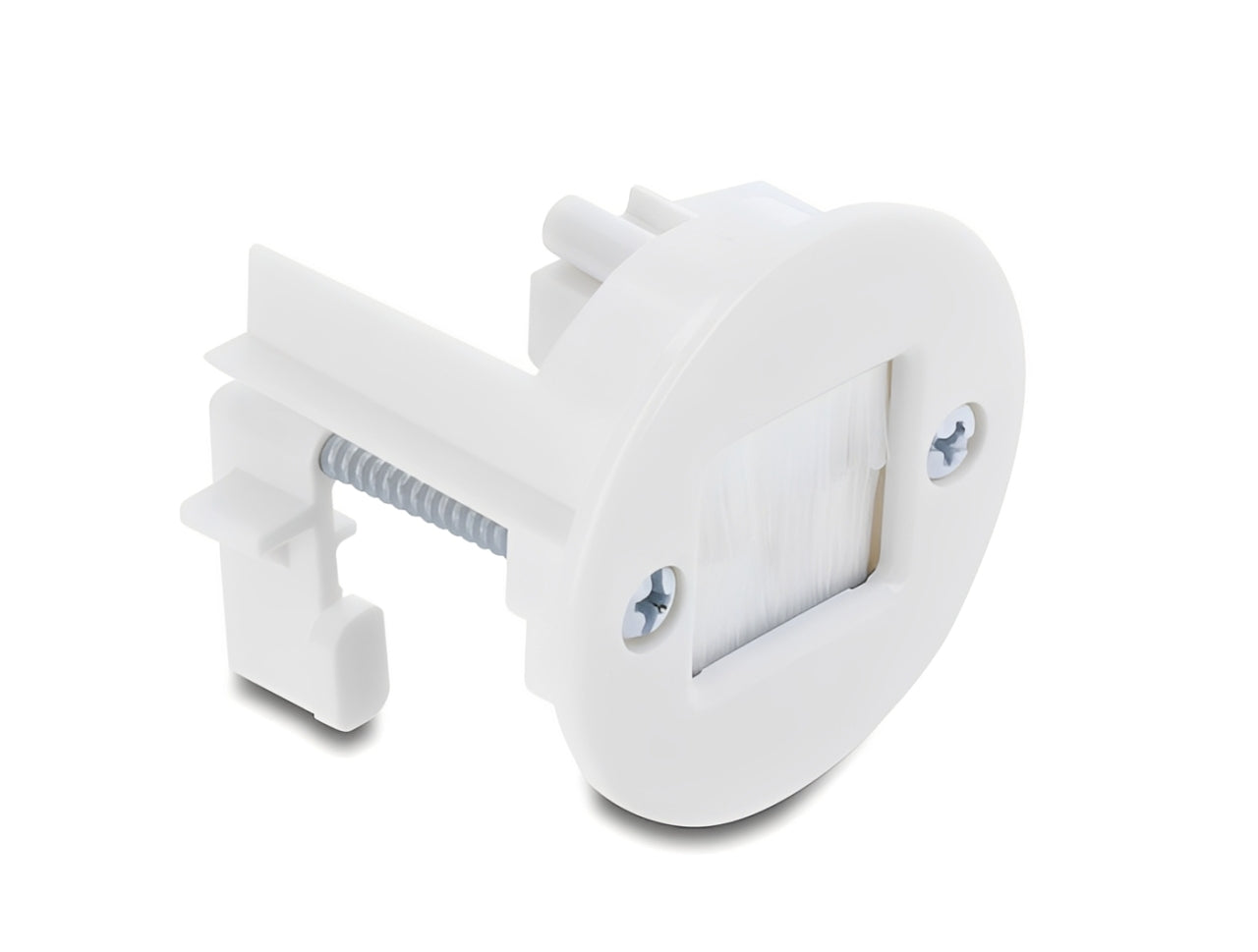 תושבת מעבר הכבלים (Cable Bushing) עם מברשת מבית DELOCK גרמניה זה פתרון פשוט ואפקטיבי המיועד לניהול כבלים (Cable Management) אסתטי ונקי דרך מחיצות, קירות או פלטות של שולחנות עבודה