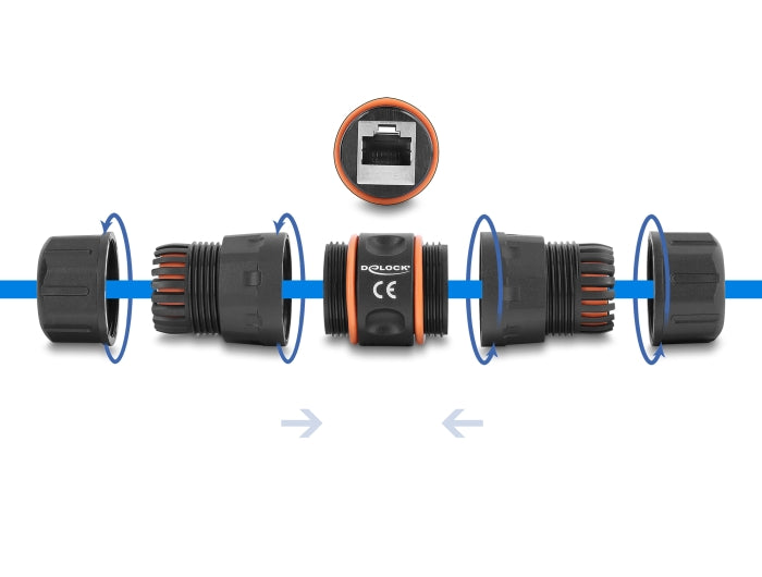 מחבר רשת Cat.6A מבית DELOCK גרמניה יכול לשמש לחיבור או להארכה של שני כבלי רשת RJ45 והוא אידיאלי לשימוש חיצוני, למשל בגינה