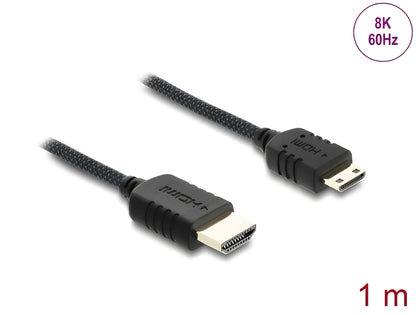 כבל מיני High Speed HDMI 8K מבית DELOCK גרמניה מאפשר חיבור בין מצלמה או טאבלט עם ממשק מיני HDMI לבין מסך או טלוויזיה עם חיבור HDMI