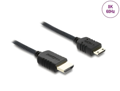 כבל מיני High Speed HDMI 8K מבית DELOCK גרמניה מאפשר חיבור בין מצלמה או טאבלט עם ממשק מיני HDMI לבין מסך או טלוויזיה עם חיבור HDMI