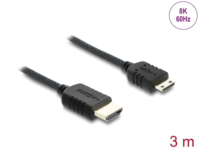כבל מיני High Speed HDMI 8K מבית DELOCK גרמניה מאפשר חיבור בין מצלמה או טאבלט עם ממשק מיני HDMI לבין מסך או טלוויזיה עם חיבור HDMI