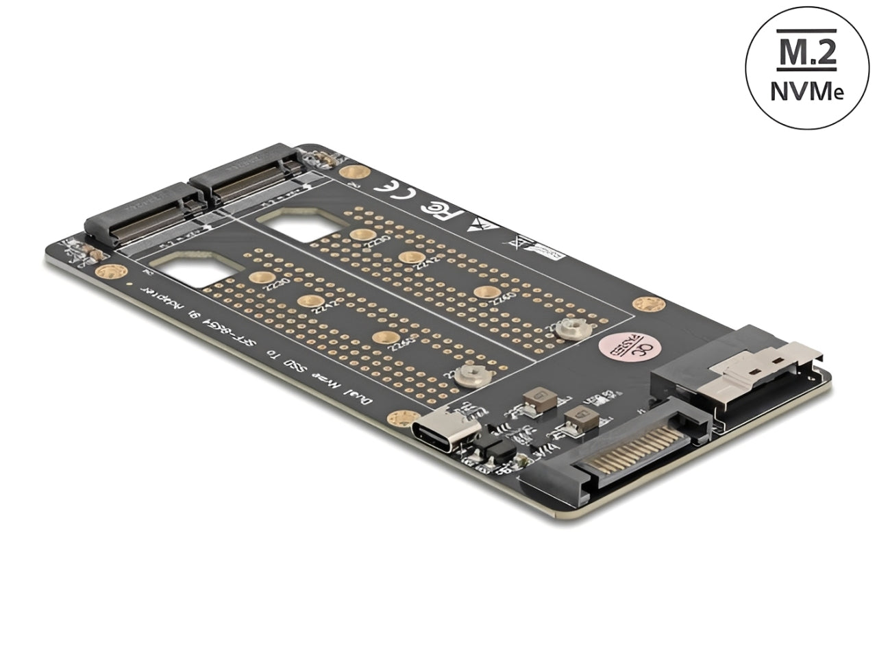 ממיר זה מבית Delock גרמניה מאפשר חיבור של שני כונני M.2 Key M NVMe בפורמטים 2280, 2260, 2242, 2230