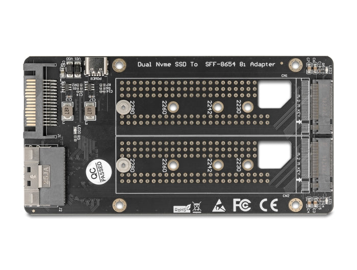 ממיר זה מבית Delock גרמניה מאפשר חיבור של שני כונני M.2 Key M NVMe בפורמטים 2280, 2260, 2242, 2230