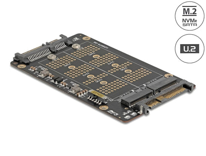 ממיר זה מבית Delock גרמניה מאפשר חיבור של כונן M.2 Key B SATA SSD בפורמטים 2280, 2260, 2242, 2230 וכן כונן M.2 Key M NVMe SSD בפורמטים דומים