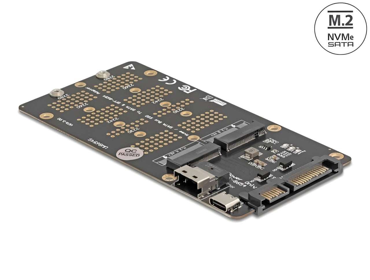 ממיר זה מבית Delock גרמניה מאפשר חיבור של כונן M.2 Key B SATA SSD בפורמטים 2280, 2260, 2242, 2230 וכן כונן M.2 Key M NVMe SSD בפורמטים דומים