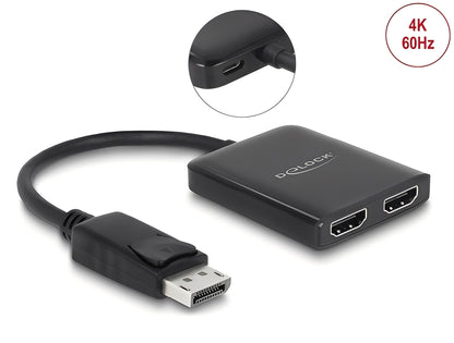 פאץ' פאנל ריק מבית Delock גרמניה מקבל אות DisplayPort ממחשב נייח או נייד ומפצל אותו לשני צגים מחוברים
