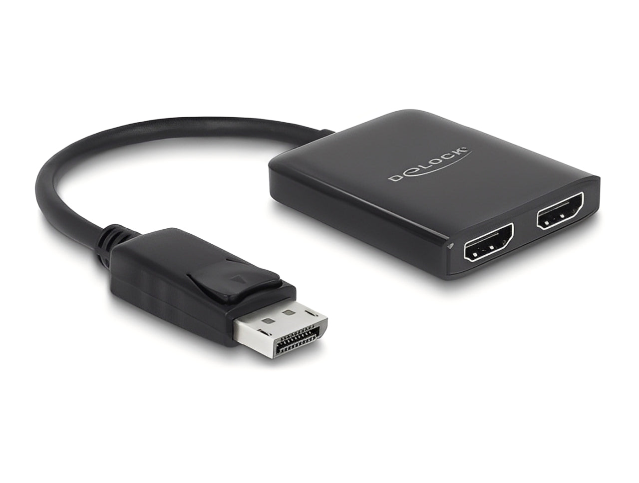 פאץ' פאנל ריק מבית Delock גרמניה מקבל אות DisplayPort ממחשב נייח או נייד ומפצל אותו לשני צגים מחוברים