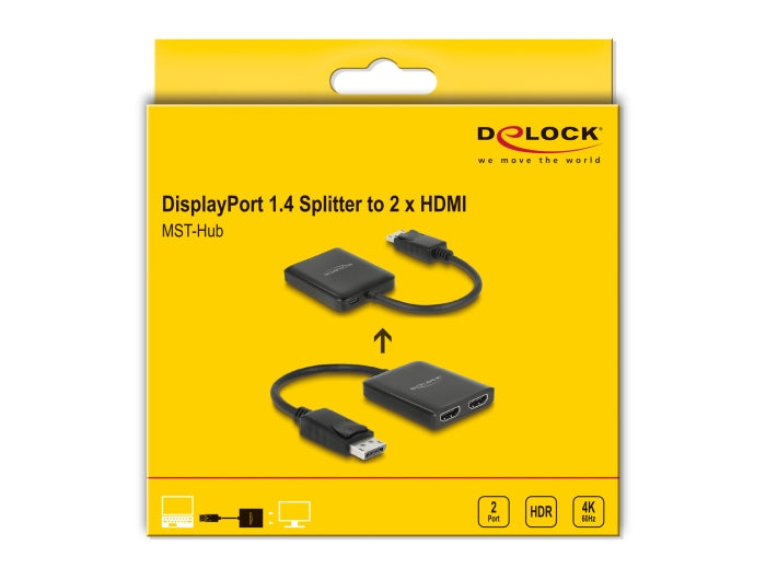 פאץ' פאנל ריק מבית Delock גרמניה מקבל אות DisplayPort ממחשב נייח או נייד ומפצל אותו לשני צגים מחוברים