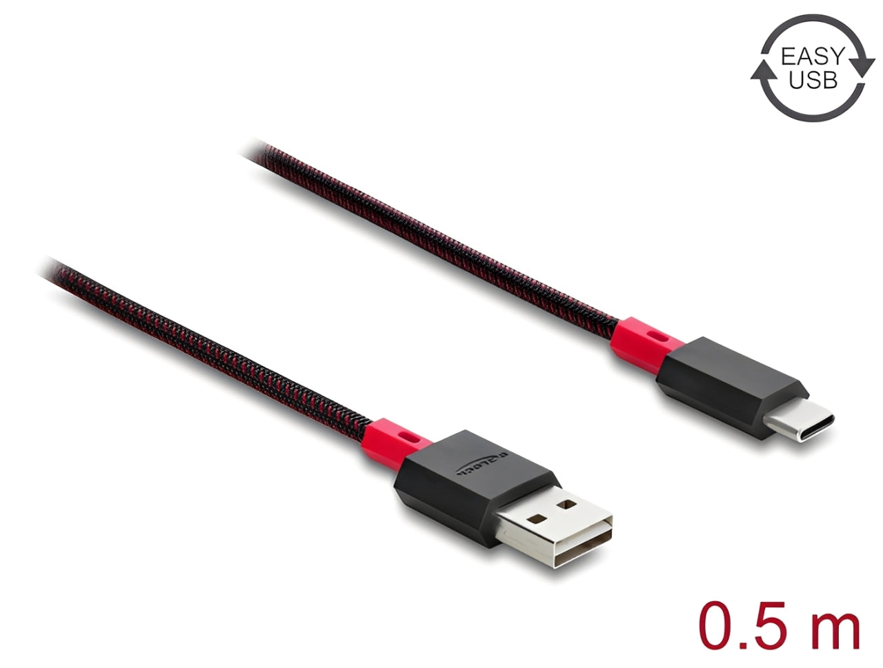 כבל EASY-USB 2.0 עם ציפוי ניילון קלוע מבית Delock גרמניה מאפשר חיבור קל ונוח בין מכשיר עם מחבר USB-C למחשב או למטען בעל חיבור USB-A פנוי