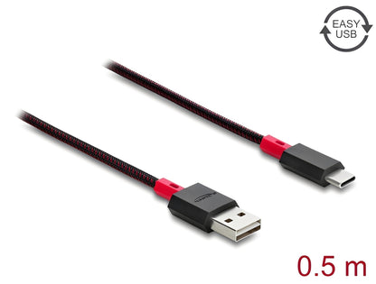 כבל EASY-USB 2.0 עם ציפוי ניילון קלוע מבית Delock גרמניה מאפשר חיבור קל ונוח בין מכשיר עם מחבר USB-C למחשב או למטען בעל חיבור USB-A פנוי