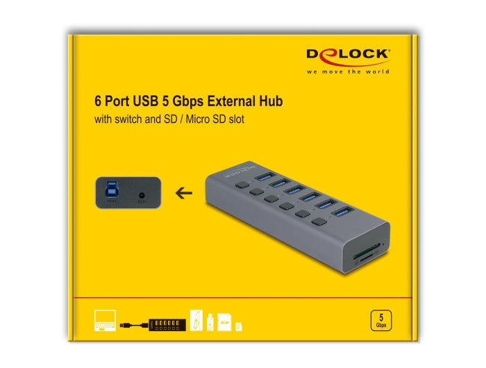 רכזת USB 5Gbps האיכותית מבית Delock גרמניה מגיעה עם מארז מתכת עמיד ומתחברת למחשב דרך חיבור USB Type-A או USB-C