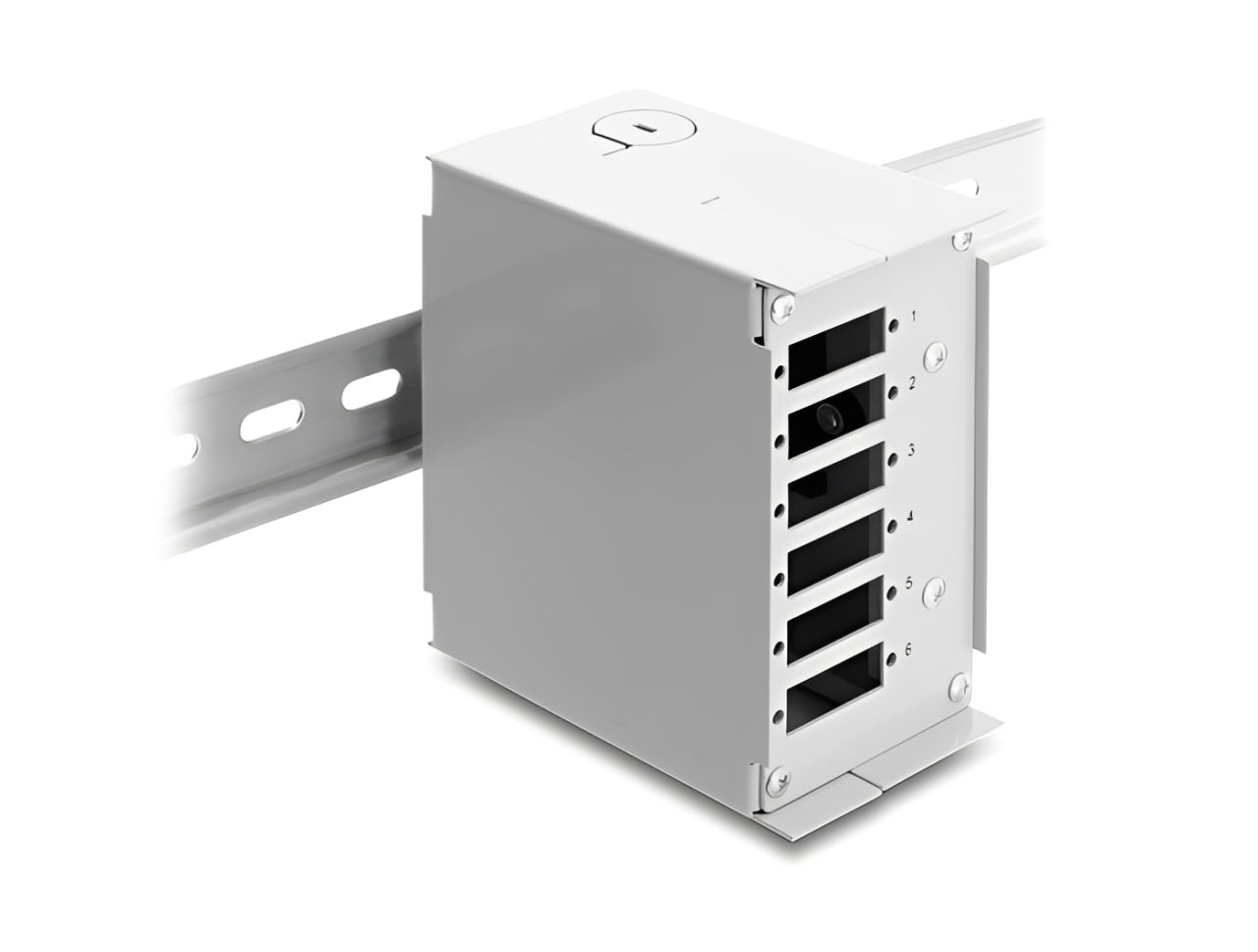פאץ' פאנל לניתוב סיבים אופטיים (Patch Panel) מבית Delock גרמניה המיועד להתקנה תעשייתית על מסילת דין (DIN rail)