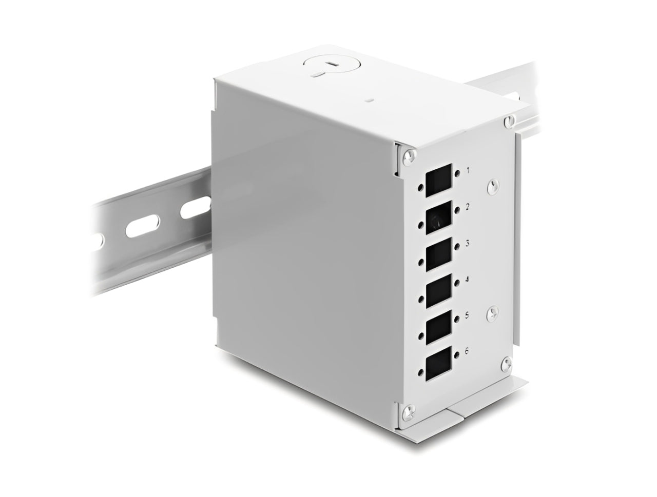 פאץ' פאנל לניתוב סיבים אופטיים (Patch Panel) מבית Delock גרמניה המיועד להתקנה תעשייתית על מסילת דין (DIN rail)