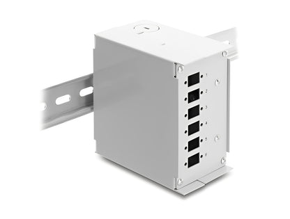פאץ' פאנל לניתוב סיבים אופטיים (Patch Panel) מבית Delock גרמניה המיועד להתקנה תעשייתית על מסילת דין (DIN rail)