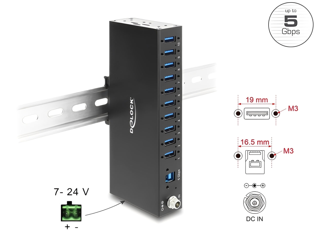מפצל USB 3.0 5Gbps תעשייתי מבית Delock גרמניה נועד לשימושים מקצועיים ומתחבר למחשב דרך ממשק USB Type-A