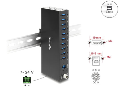 מפצל USB 3.0 5Gbps תעשייתי מבית Delock גרמניה נועד לשימושים מקצועיים ומתחבר למחשב דרך ממשק USB Type-A