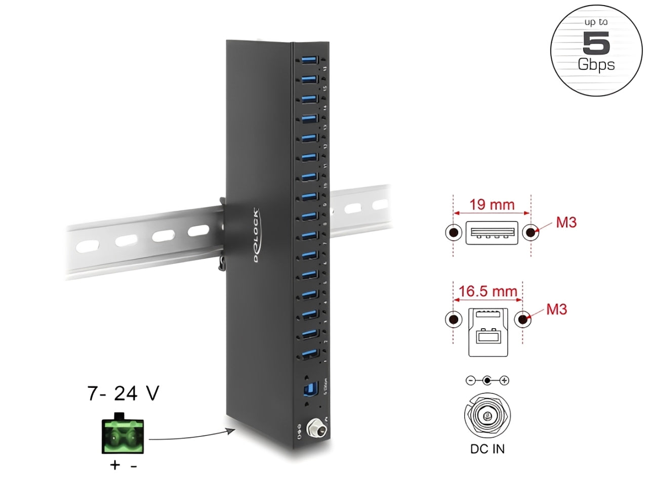 מפצל USB 3.0 5Gbps תעשייתי מבית Delock גרמניה נועד לשימושים מקצועיים ומתחבר למחשב דרך ממשק USB Type-A