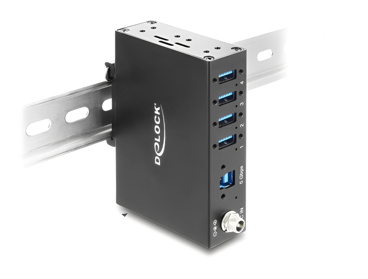 מפצל USB 3.0 5Gbps תעשייתי מבית Delock גרמניה נועד לשימושים מקצועיים ומתחבר למחשב דרך ממשק USB Type-A