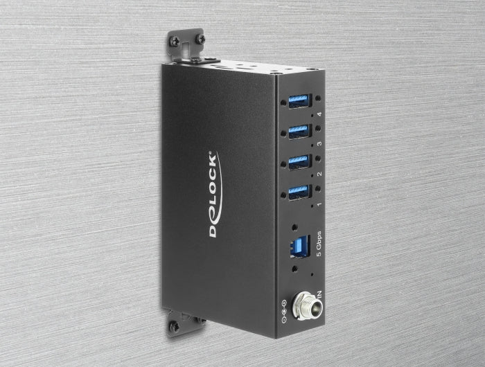 מפצל USB 3.0 5Gbps תעשייתי מבית Delock גרמניה נועד לשימושים מקצועיים ומתחבר למחשב דרך ממשק USB Type-A