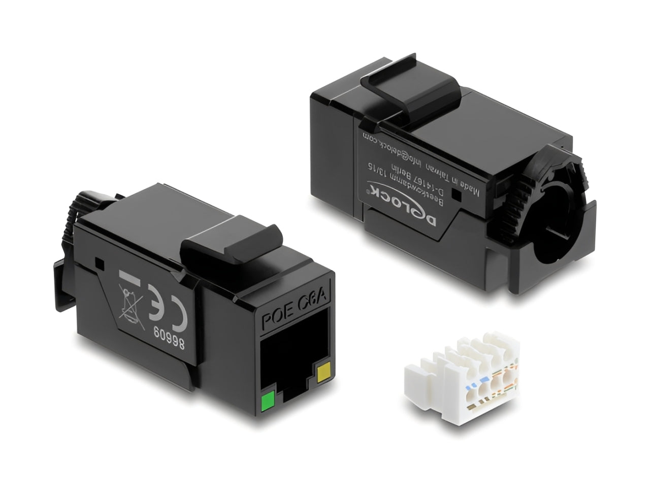מתאם Keystone RJ45 Cat.6A מבית Delock גרמניה חכם במיוחד הכולל תכונה נדירה ושימושית מאוד: זיהוי PoE (Power over Ethernet) מובנה