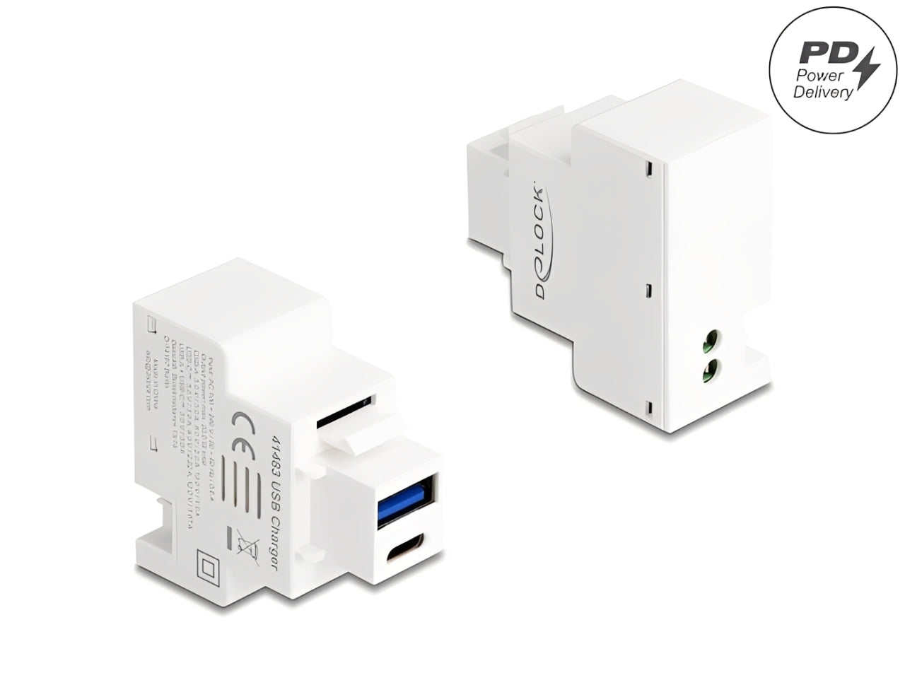 מטען קיסטון מבית DELOCK גרמניה מספק שני חיבורי טעינה USB Type-A ו- USB Type-C עם תמיכה ב-Power Delivery