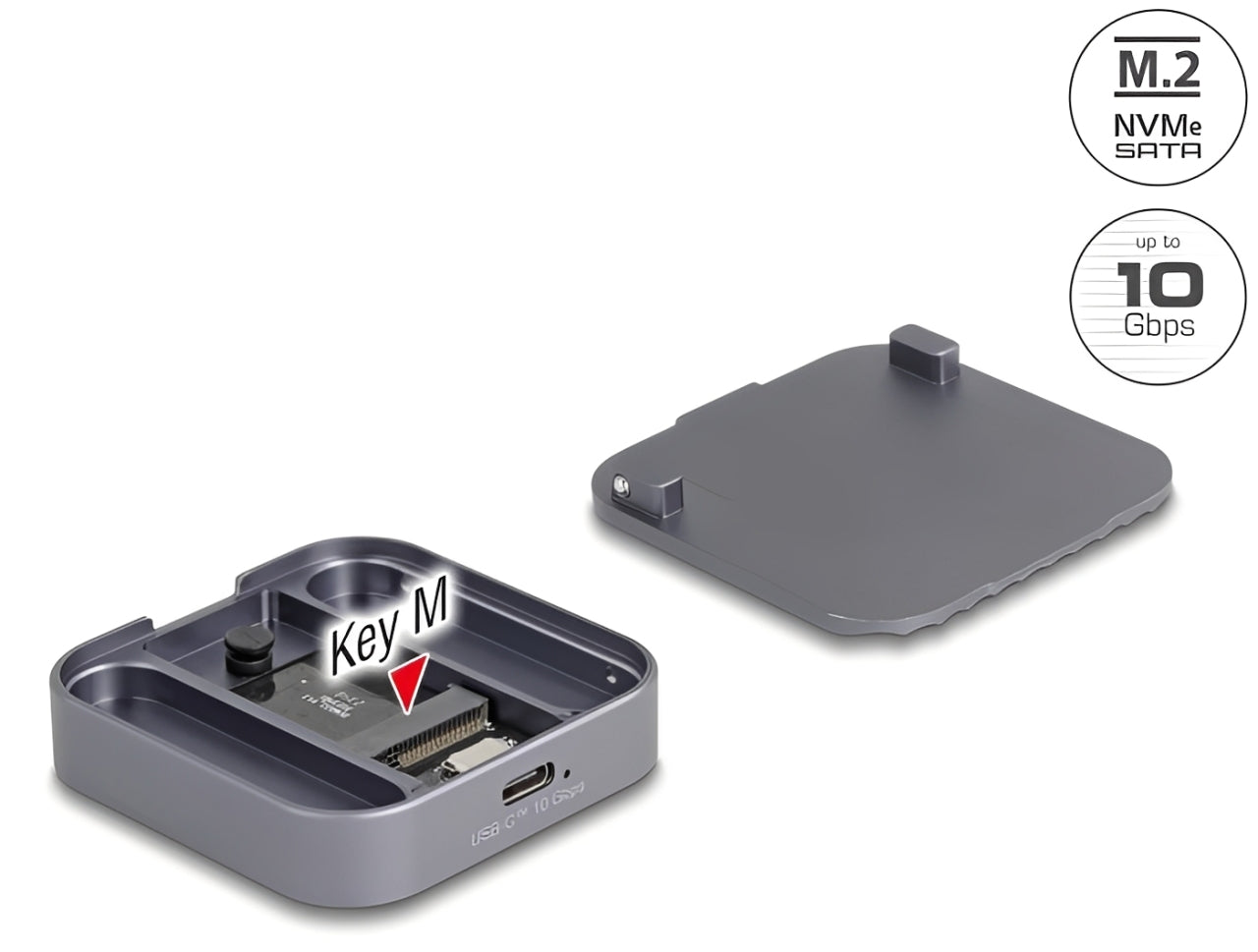 מארז חיצוני מבית Delock גרמניה מאפשר התקנה של כונן M.2 PCIe NVMe SSD בפורמט 2230, ובזכות החלק התחתון המגנטי שלו ניתן לדוגמה להצמידו לחלק האחורי של iPhone 15