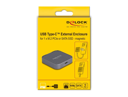 מארז חיצוני מבית Delock גרמניה מאפשר התקנה של כונן M.2 PCIe NVMe SSD בפורמט 2230, ובזכות החלק התחתון המגנטי שלו ניתן לדוגמה להצמידו לחלק האחורי של iPhone 15