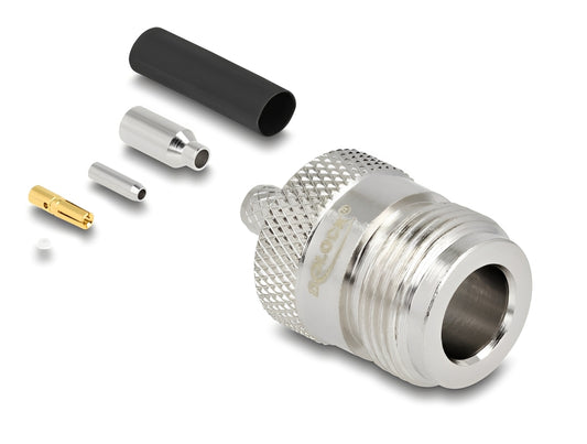 מחבר לכבל האנטנה מבית Delock גרמניה מסוג N-Type נקבה המיועד ללחיצה (Crimp) על כבלים קואקסיאליים דקים