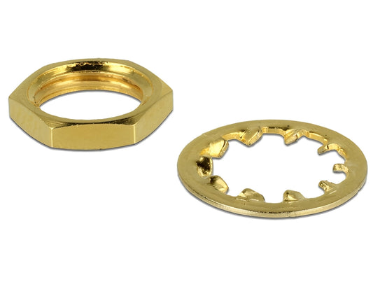 סט הזה מבית Delock גרמניה הכולל אום (Nut) ושייבת נעילה (Locking Ring), הוא הרכיב המשלים הקריטי לכל מי שמתקין מחברי אנטנה מסוג SMA או RP-SMA על גבי פאנלים או מארזים