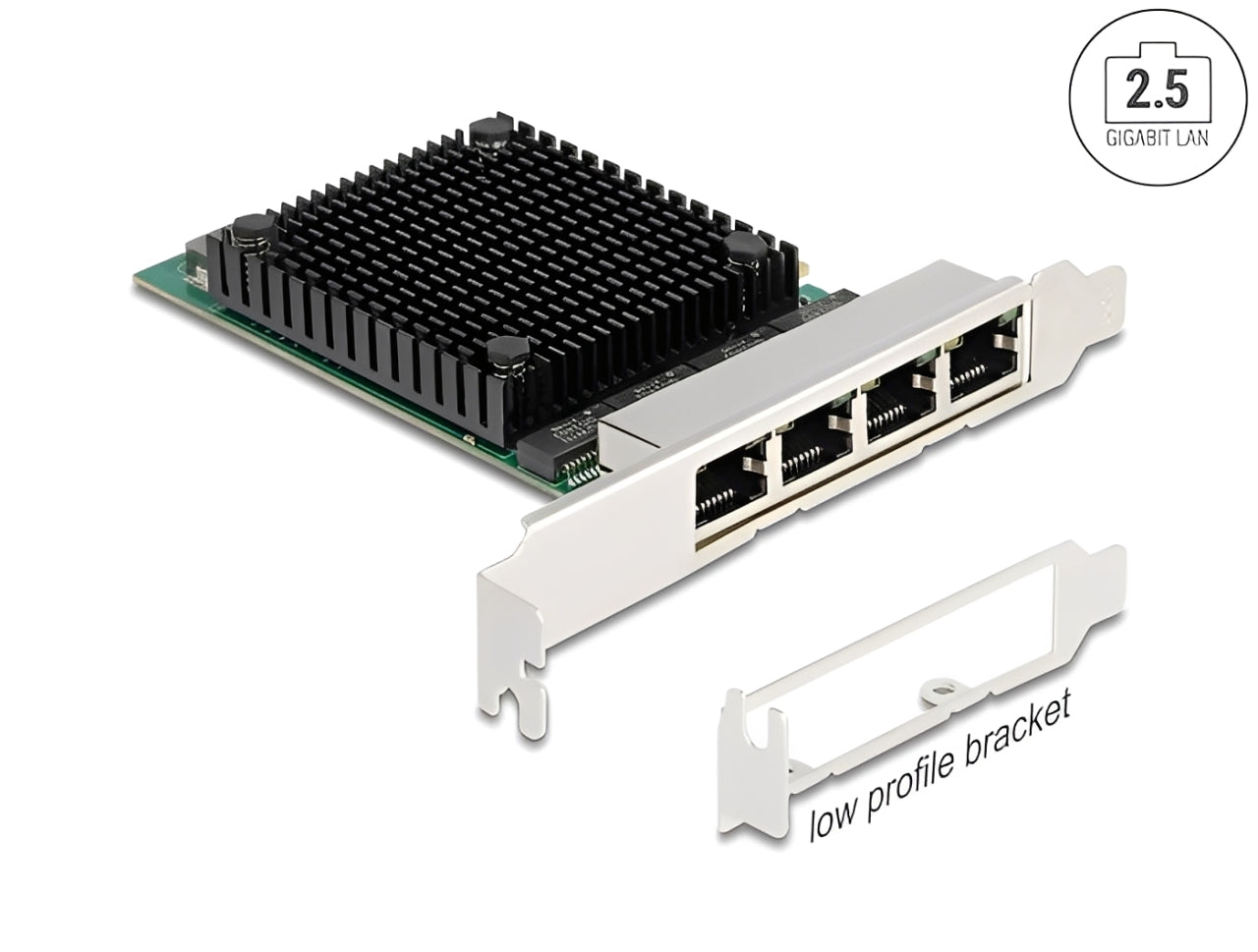 כרטיס ה-PCI Express מבית Delock גרמניה מציע 4 יציאות רשת עם קצב העברת נתונים של עד 2.5Gbps באמצעות כבלי נחושת סטנדרטיים מסוג Cat.6 או Cat.6A