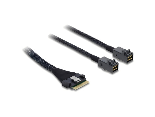 כבל PCIe 4.0 מבית DELOCK גרמניה המיועד לחיבורי אחסון התקנים פנימיים מהירים התומכים בפרוטוקול PCIe 4.0 , כגון התקנים עם מחבר Mini SAS HD SFF-8643 לבקר עם מחבר Slim SAS SFF-8654 8i
