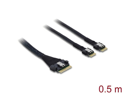 כבל PCIe 4.0 Slim SAS מבית DELOCK גרמניה המיועד לחיבורי אחסון התקנים פנימיים מהירים התומכים בפרוטוקול PCIe 4.0 , כגון התקנים עם מחבר SFF-8654 4i לבקר עם מחבר SFF-8654 8i