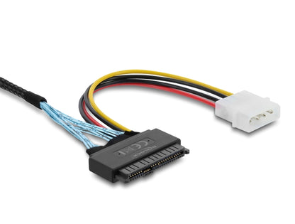 כבל PCIe 4.0 מבית DELOCK גרמניה המיועד לחיבורי אחסון התקנים פנימיים מהירים התומכים בפרוטוקול PCIe 4.0 , כגון התקנים עם מחבר U.2 SFF-8639 לבקר עם מחבר Slim SAS SFF-8654 8i