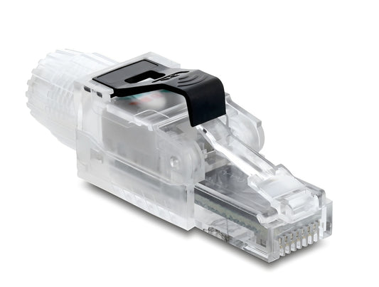 תקע RJ45 Cat.6A מבית Delock גרמניה המיועד להתקנה עצמית על כבלי רשת בתקן Cat.6A ומתאים להתקנה קלה