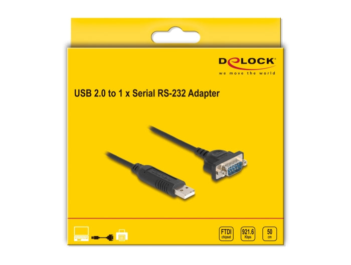 ממיר זה מבית DELOCK גרמניה מאפשר חיבור של התקנים טוריים (Serial) כגון מדפסות, מכשירי מדידה, בקרי שליטה, התקני IoT ועוד למחשב, טאבלט או לפטופ באמצעות חיבור USB Type-A