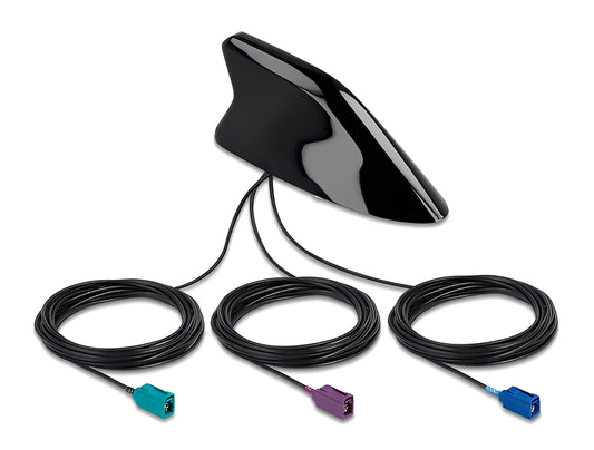 אנטנה חיצונית רב-תחומית Shark Fin מבית Delock גרמניה עם שלושה תחומי תדרים שונים מיועדת להרכבה על גג רכב.