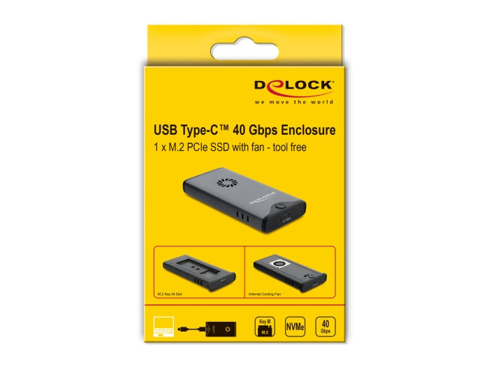 מארז חיצוני המתקדם USB-C 40Gbps מבית Delock גרמניה זה פתרון קצה לאחסון מהיר, המאפשר להסב כונן פנימי מסוג M.2 PCIe NVMe לכונן חיצוני נייד