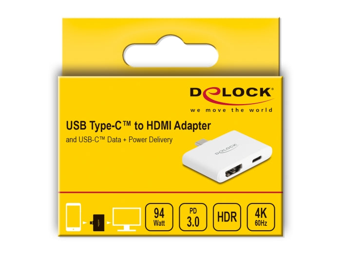 מתאם תצוגה Delock מחיבור USB-C זכר לחיבור HDMI 4K 60Hz + USB-C PD 94W