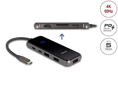 תחנת עגינה האיכותית מבית Delock גרמניה מתחברת למחשב באמצעות חיבור USB-C התומך ב-DP Alt Mode או Thunderbolt™ 5 / 4 / 3 ומרחיבה את אפשרויות השימוש עם מגוון ממשקים